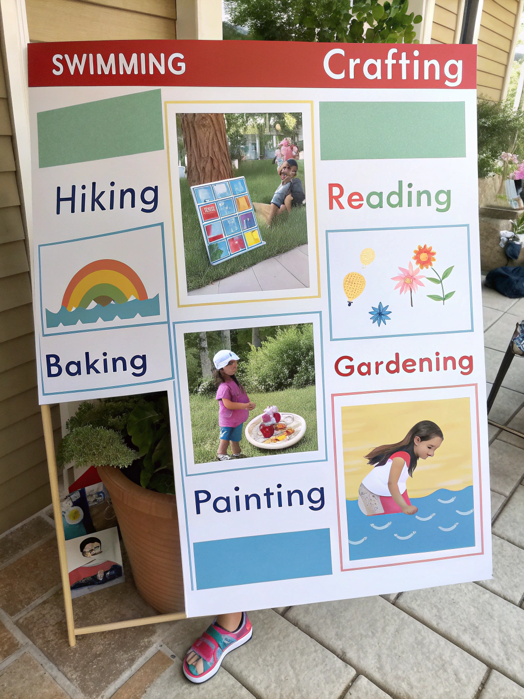 A hand penciling in activities onto a colorful DIY summer schedule chart.