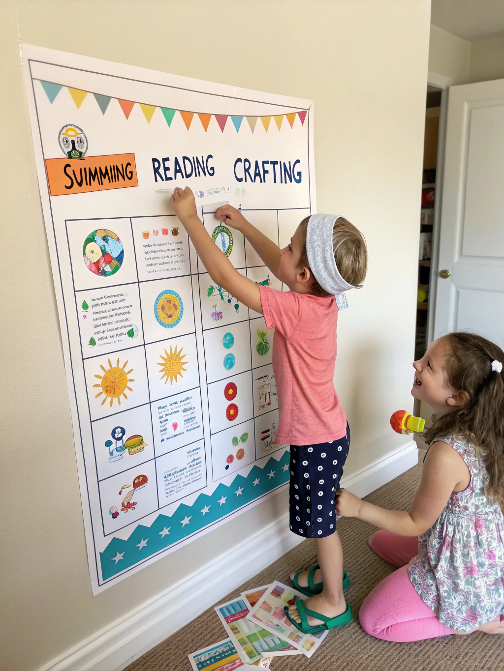 A vibrant, colorful example of a DIY summer schedule for kids, showcasing different activity blocks and fun icons.