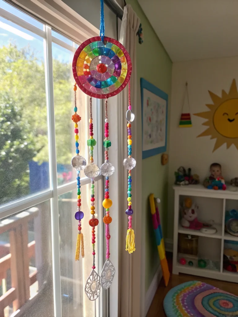 Colorful DIY suncatchers made by kids, perfect for summer crafts, hanging in a sunlit window.