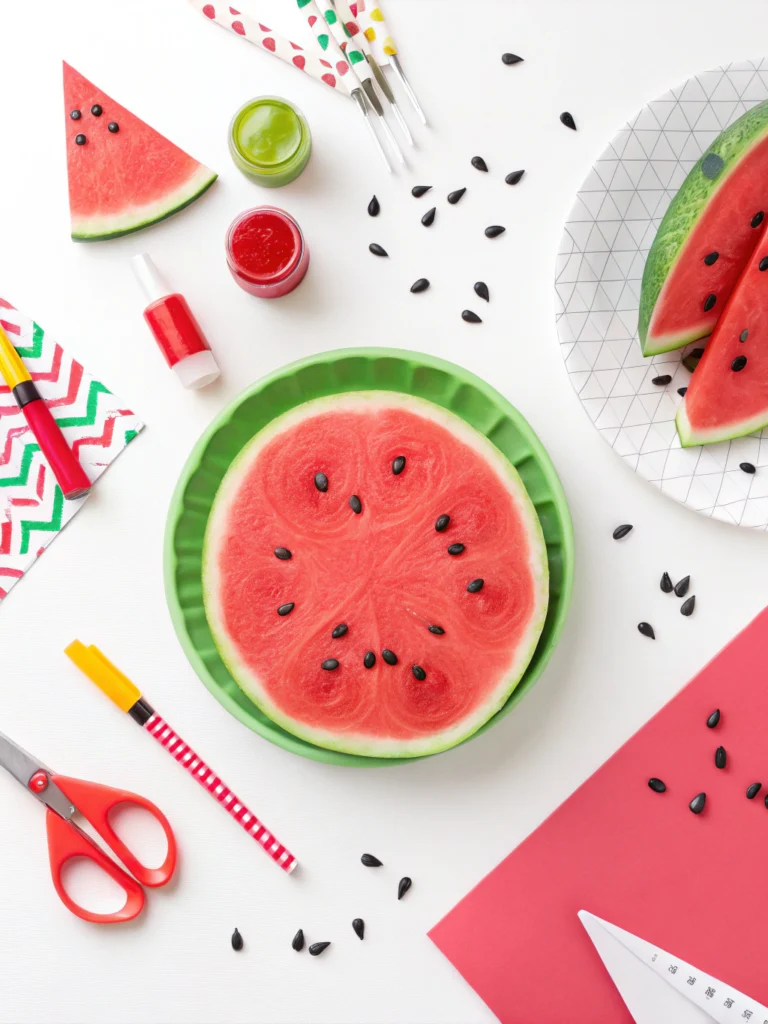 Colorful DIY watermelon crafts on table; perfect for summer projects.