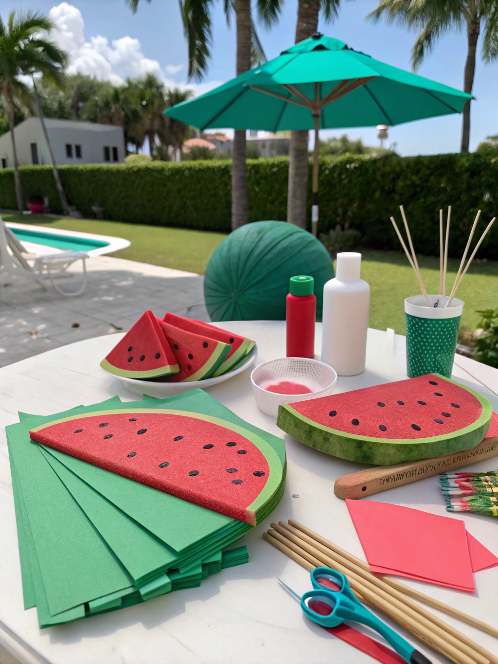 A hand carefully painting green stripes onto a terracotta pot for a DIY watermelon themed craft project.