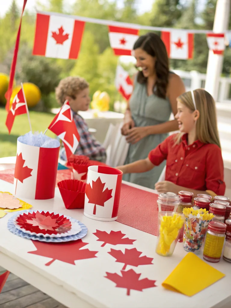 Festive Canada Day craft supplies on a table with red maple leaves, scissors, and glue sticks.