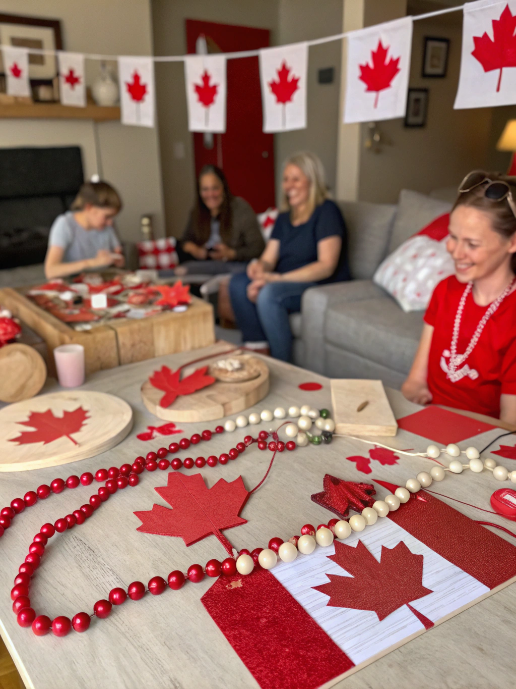 A vibrant display of completed easy Canada Day crafts, showcasing various projects like garlands, painted rocks, and windsocks.