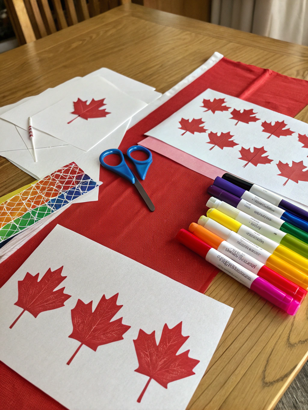 A collection of common crafting supplies like scissors, glue, paper, and paint suitable for easy Canada Day crafts.