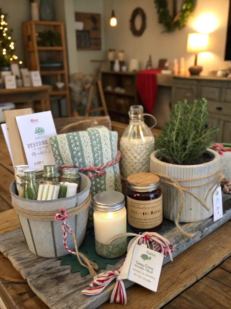 Handcrafted upcycled gifts displayed creatively on a table, perfect for DIY enthusiasts looking for sustainable present ideas.
