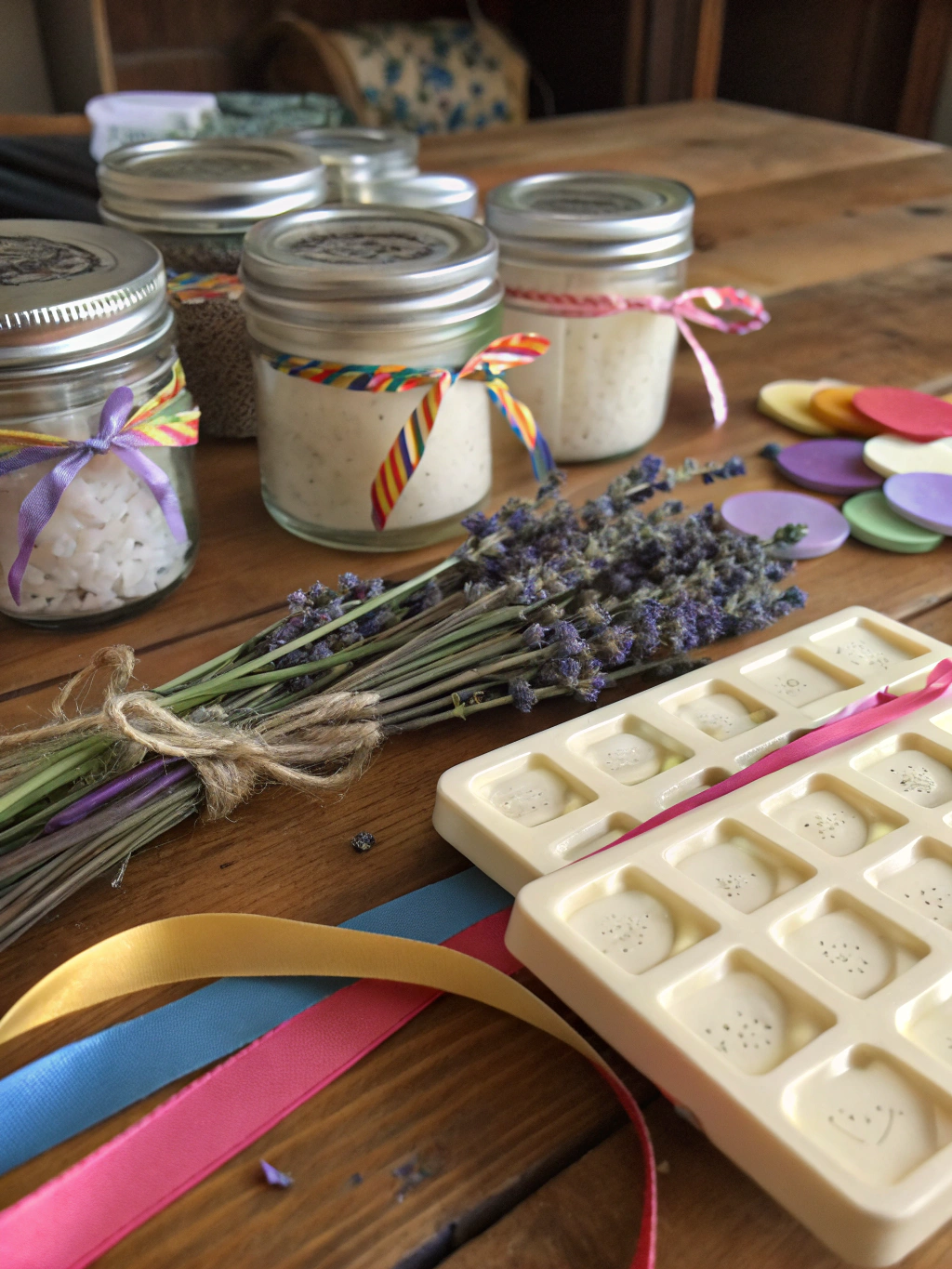 A collection of common DIY craft supplies like scissors, glue, paint, fabric scraps, and old jars.