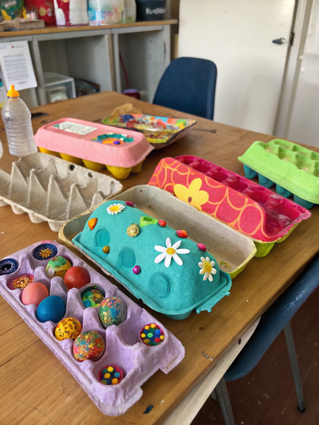 A beautiful collage showcasing finished examples of adult egg carton crafts, including flowers, organizers, and decor.