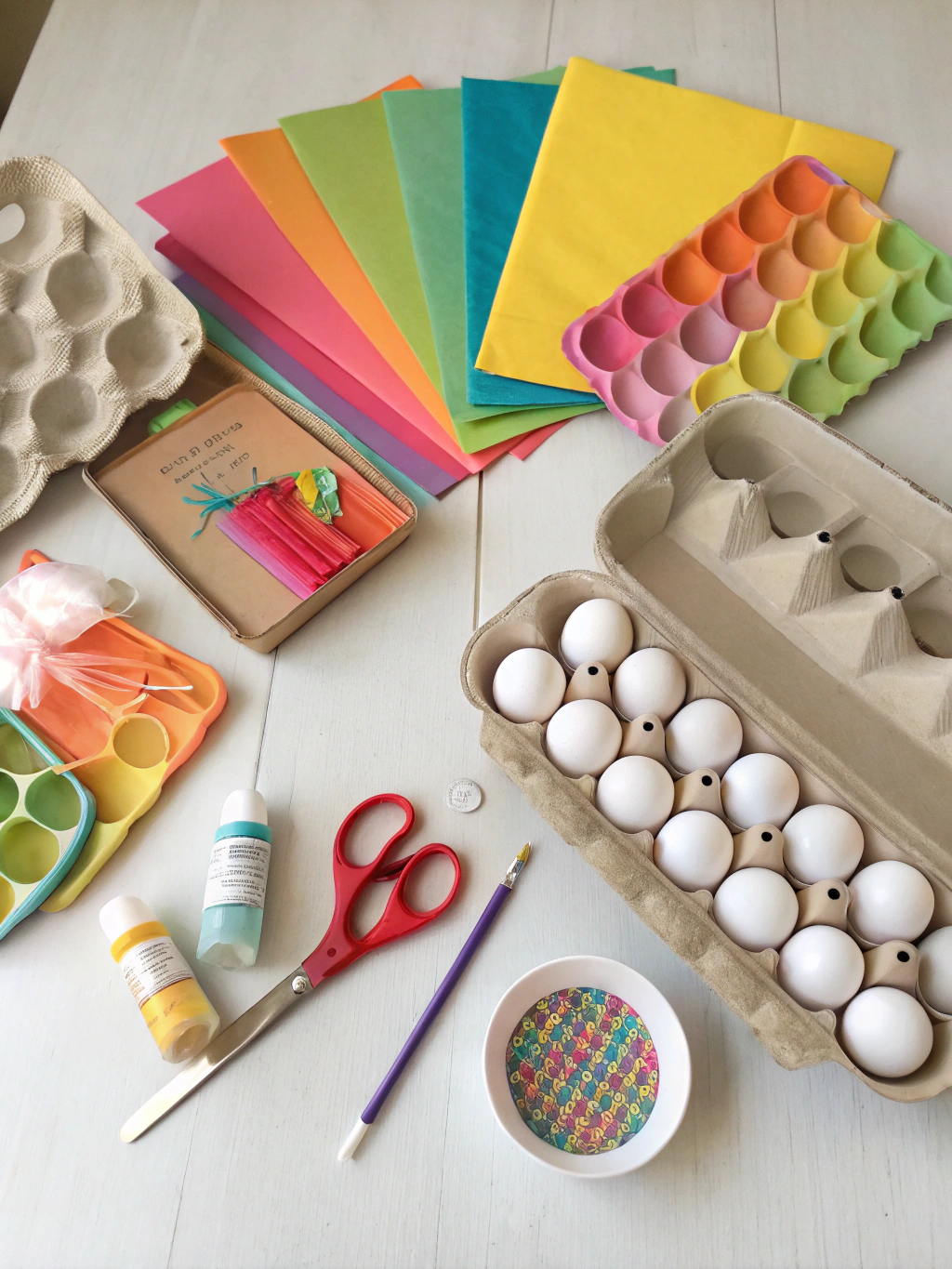 A flat lay of common crafting supplies for egg carton projects: scissors, glue, paint, brushes, and egg cartons.