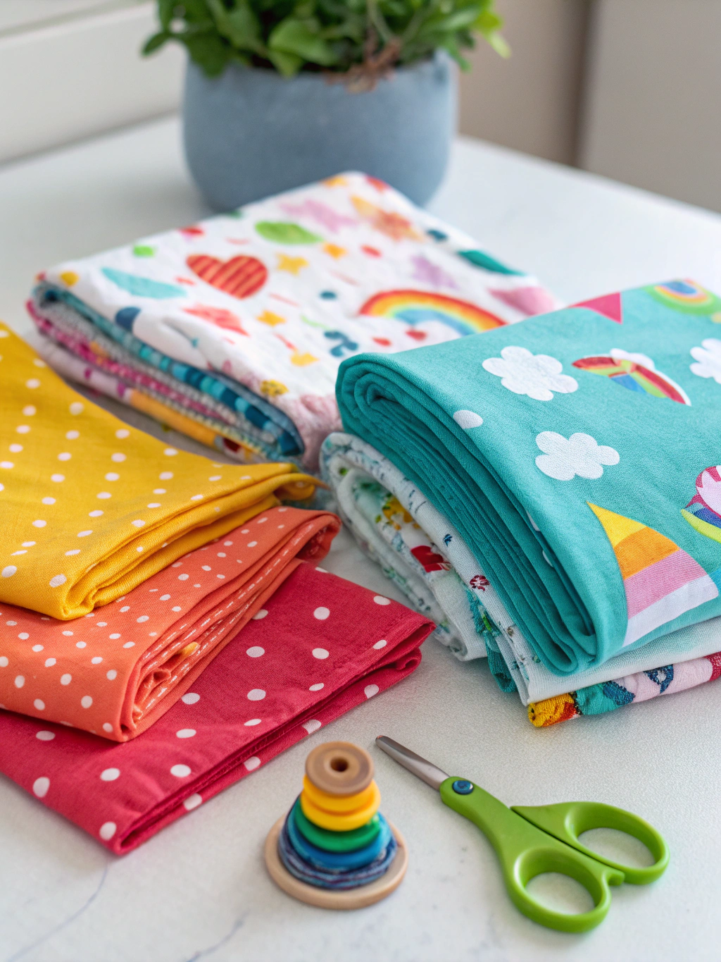 A collection of completed no-sew fabric scrap projects, including coasters, bookmarks, magnets, a key fob, and a small bunting, all looking colorful and well-made.