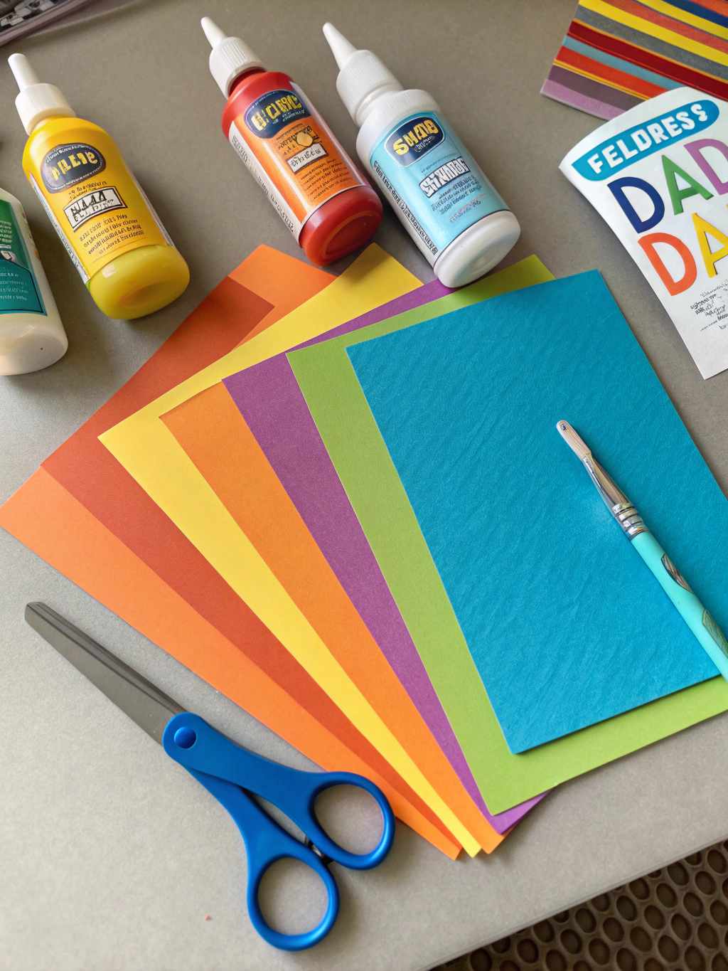 Assortment of toddler-friendly craft supplies like non-toxic paint, construction paper, glue sticks, and crayons for Father's Day crafts.