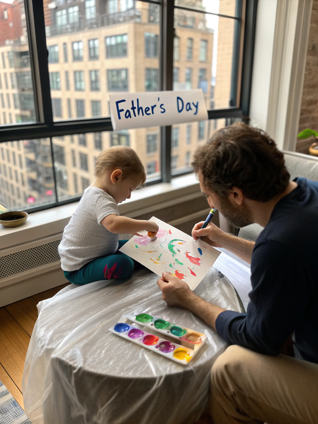 Toddler's hand being gently pressed onto a canvas for a Father's Day craft. Alt: Step 2 of father's day crafts for toddlers diy - creating the handprint.