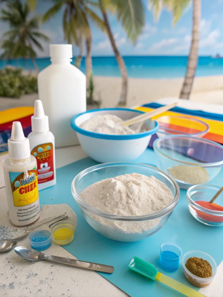 Children making sand slime in a colorful summer setting, enhancing tactile play and creativity in a fun outdoor activity.