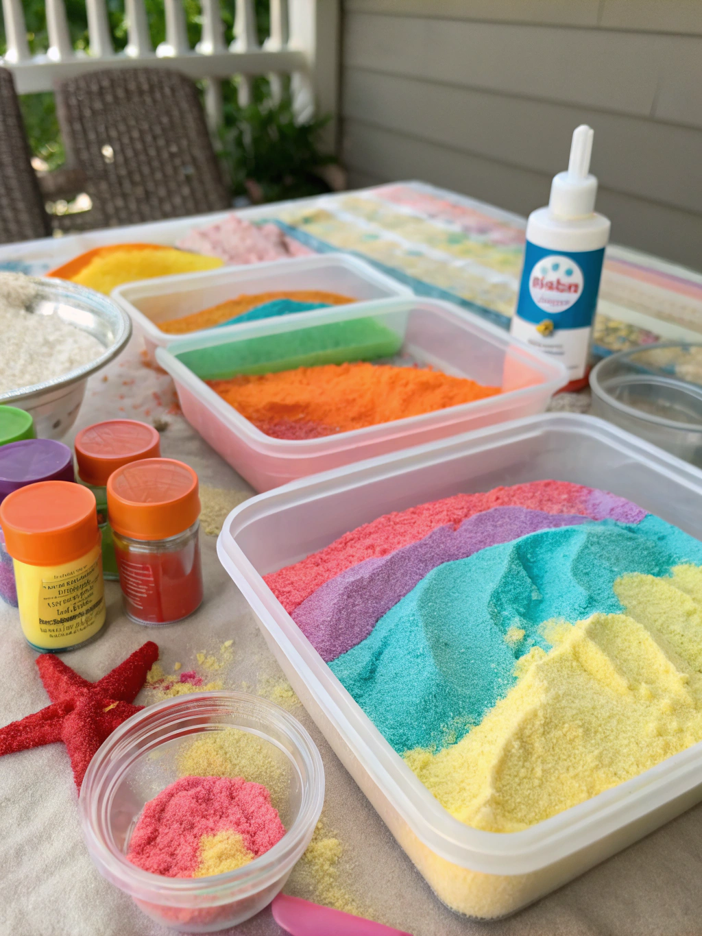A collection of ingredients for making sand slime, including glue, borax, water, and play sand, neatly arranged on a table.