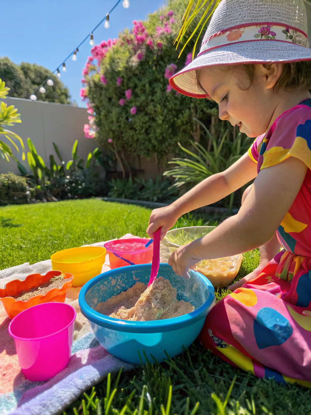 A hand pouring clear school glue into a mixing bowl for the how to make sand slime summer project.