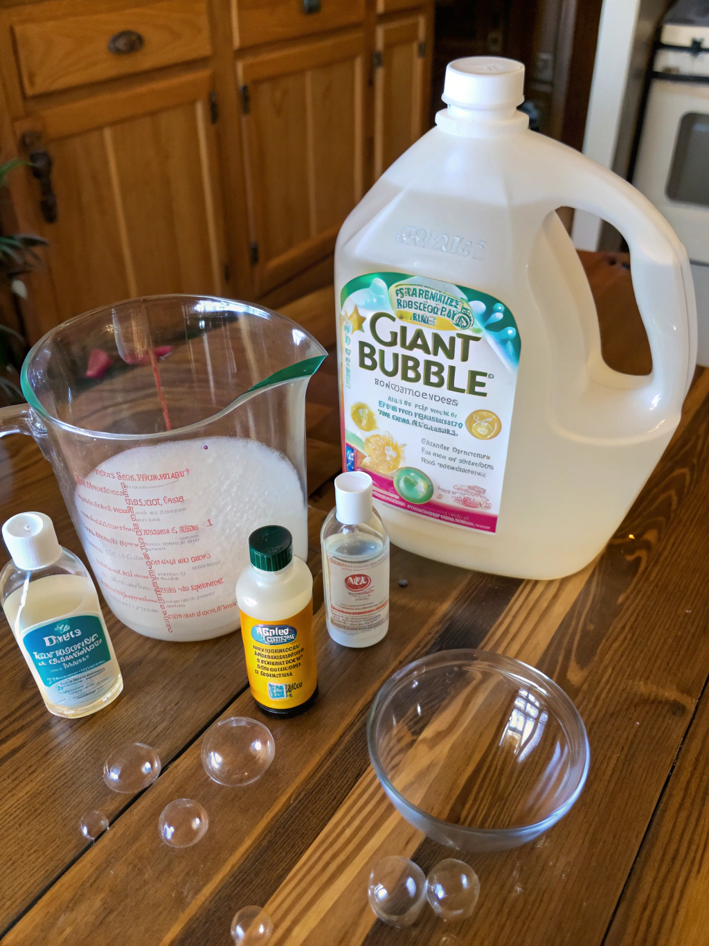 Ingredients for homemade giant bubble solution: dish soap, glycerin, water, sugar - make your own bubble solution giant