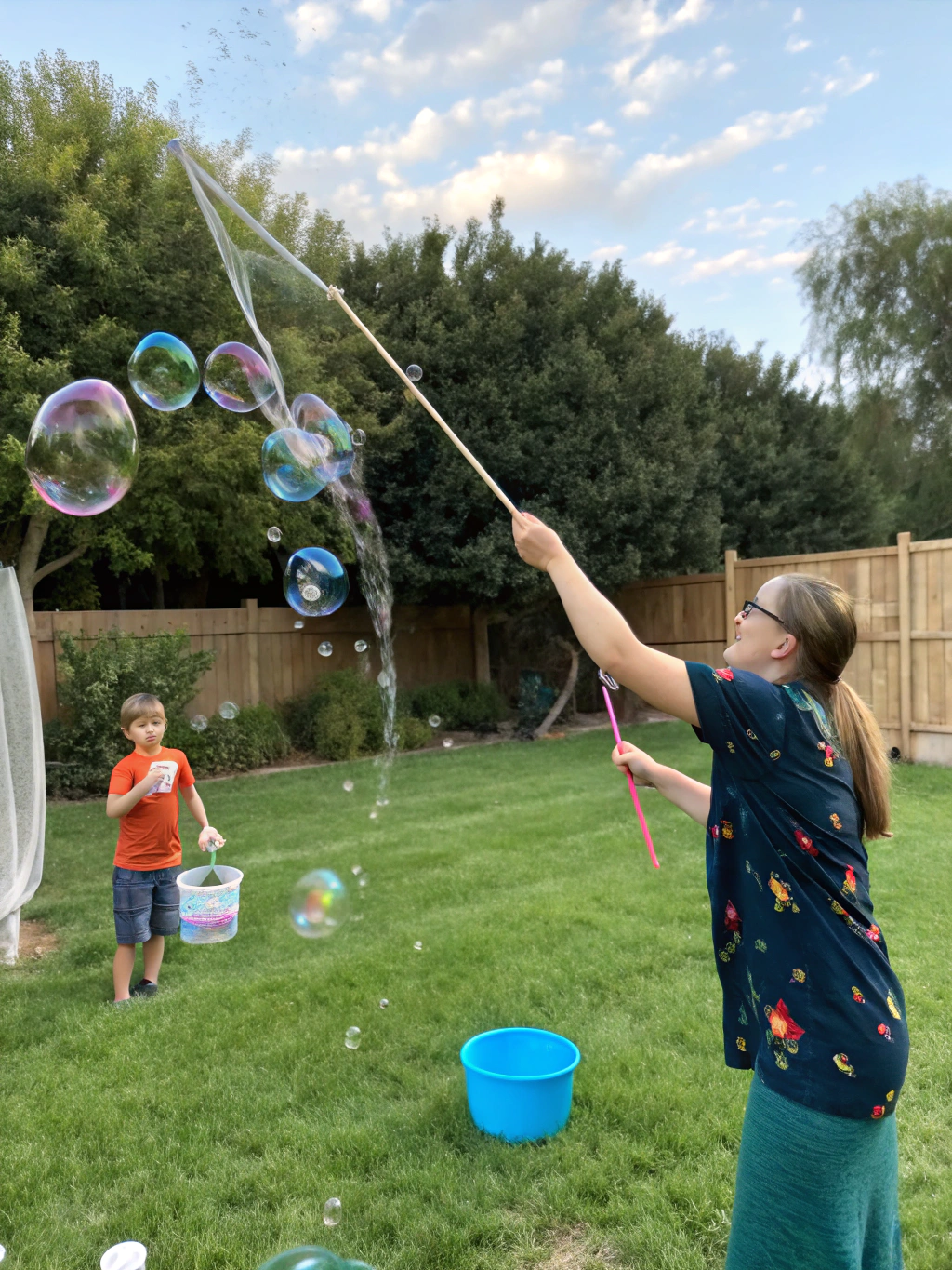 Step 1: Mixing water and dish soap gently in a bucket - make your own bubble solution giant