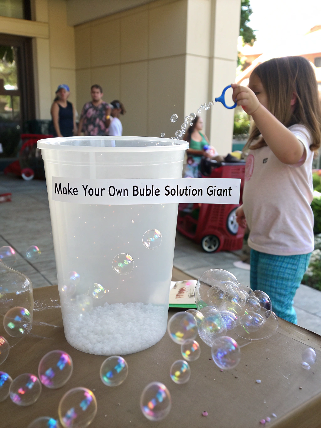 Child blowing a giant bubble with homemade solution - make your own bubble solution giant
