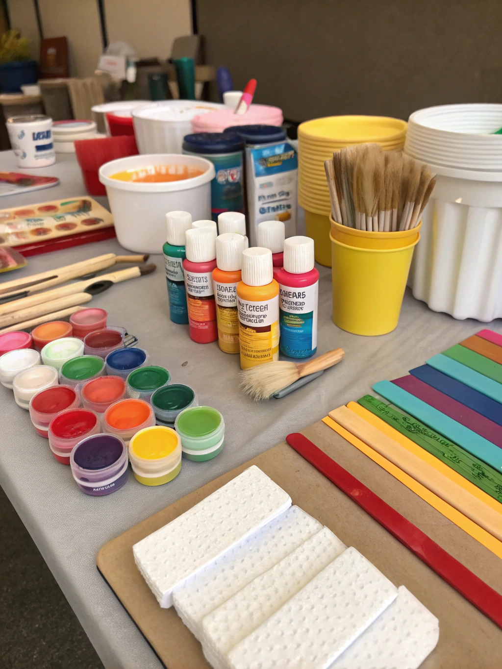An organized flat lay of common crafting supplies for paint stick projects, including paint sticks, glue, paint, brushes, and cutting tools.