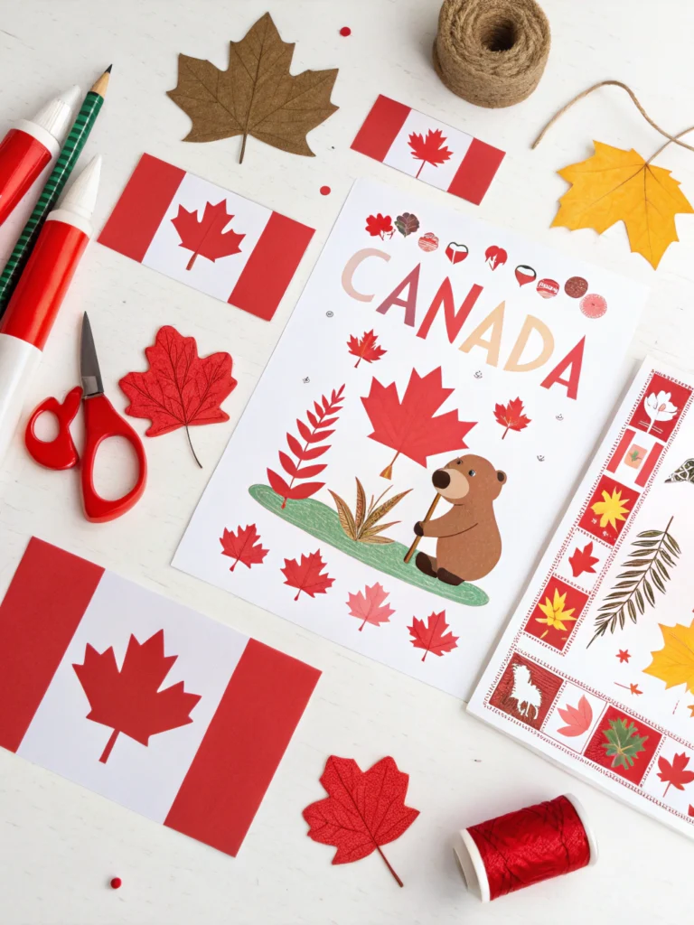 Children crafting Canada Day decorations at a Toronto table, surrounded by red maple leaves and flags.