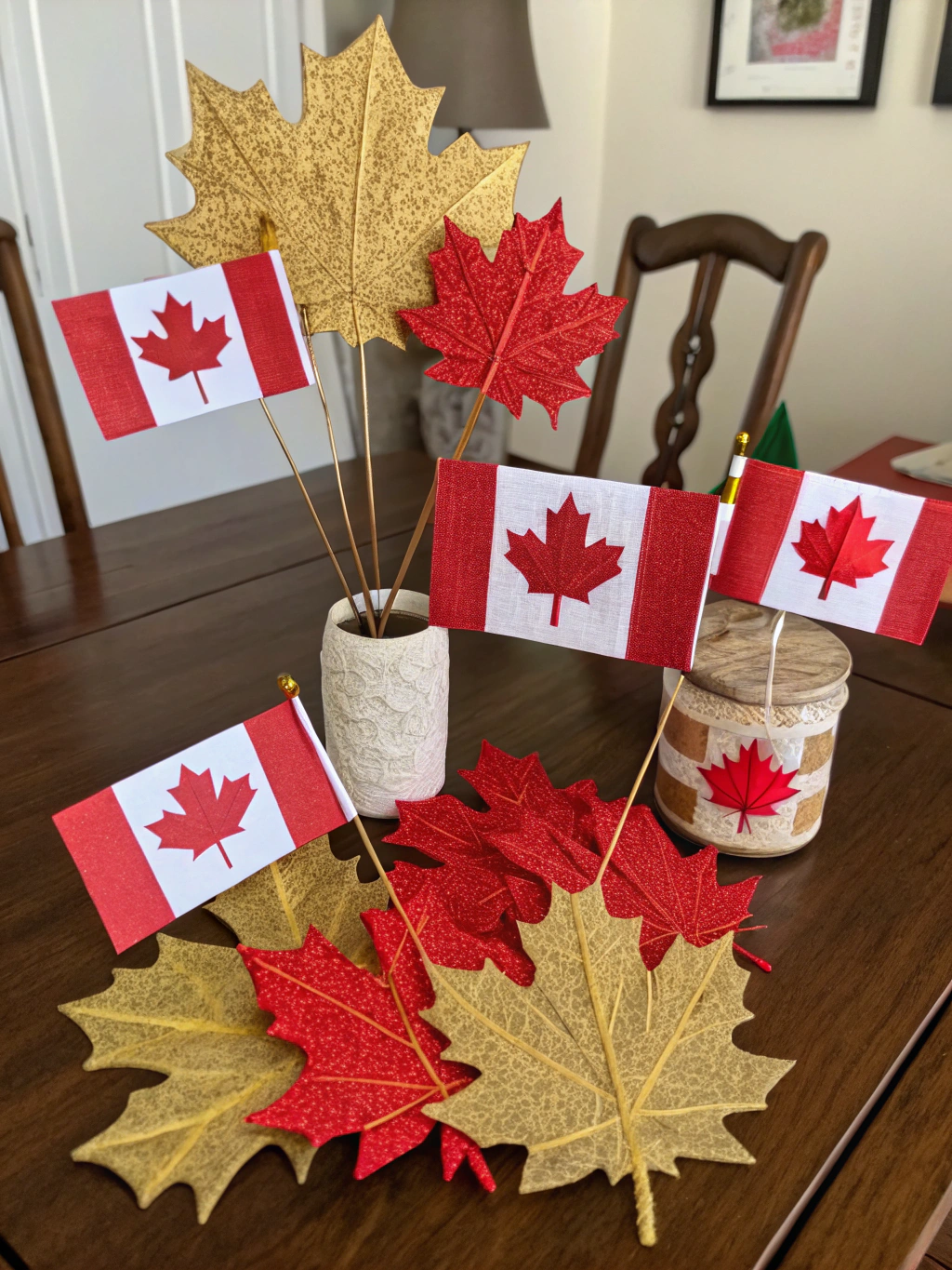 A beautifully decorated room for Canada Day featuring several completed printable crafts: a maple leaf garland, a "Happy Canada Day" banner, and cupcakes with toppers.