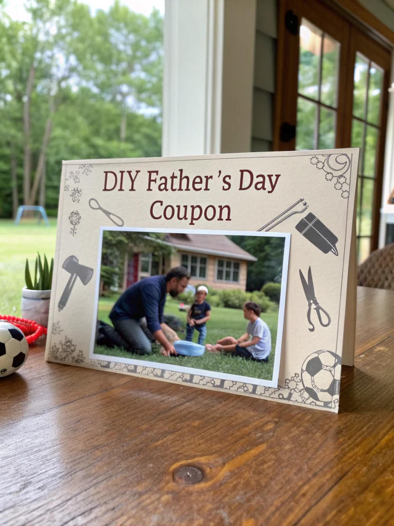 Father and child crafting DIY Father's Day coupons at home.
