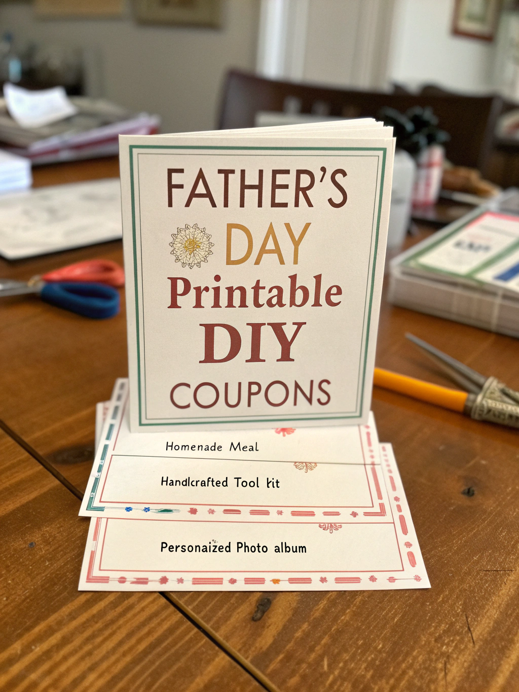 Final Result Image - A beautifully assembled Father's Day coupon book, perhaps tied with a ribbon, looking ready to be gifted.