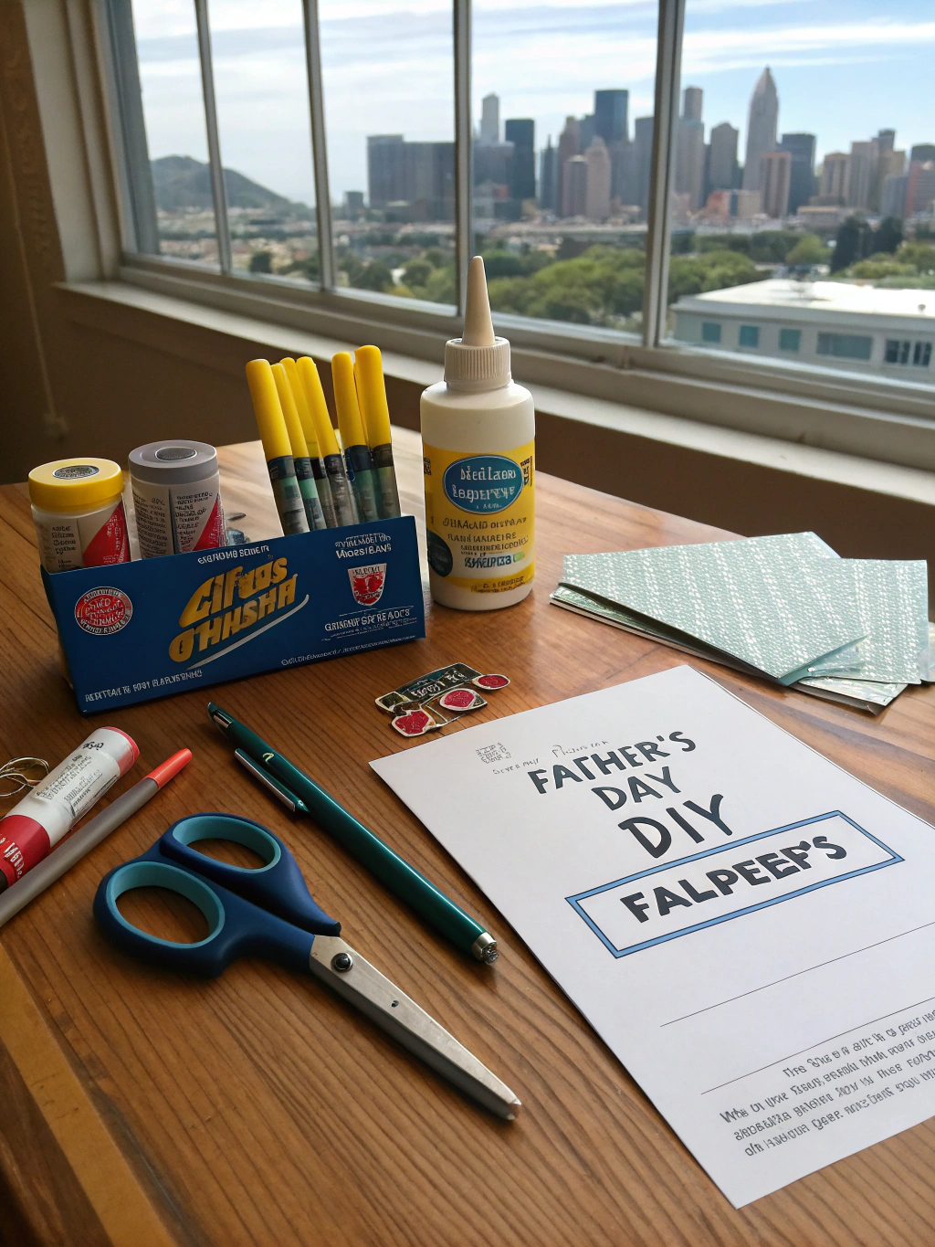 What You Need Image - A flat lay of crafting supplies for making printable Father's Day coupons, such as cardstock, scissors, markers, a printer, and a computer.
