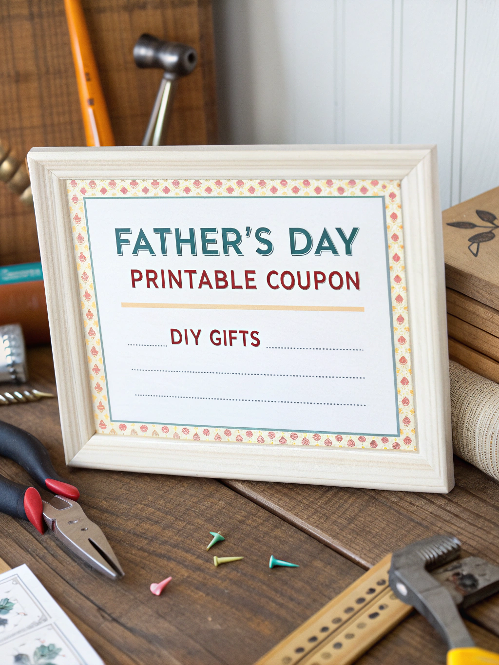 Step 4: A close-up of hands carefully cutting out printed Father's Day coupons from a sheet of cardstock using scissors.