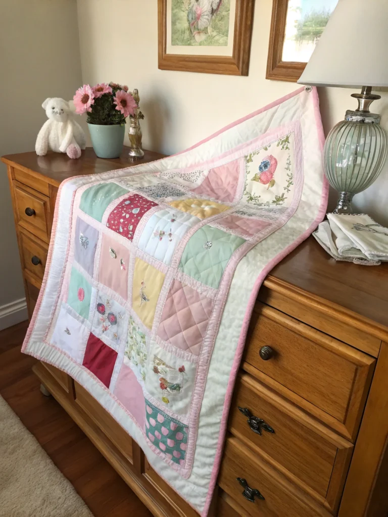 Baby clothes quilt showing vibrant patterns, a creative keepsake idea for repurposing clothes in Chicago.