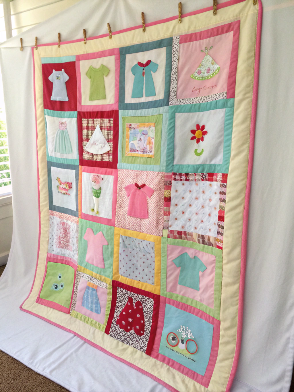 A beautifully finished repurpose baby clothes quilt draped over a rocking chair or crib, showcasing the various fabric patterns and colors.