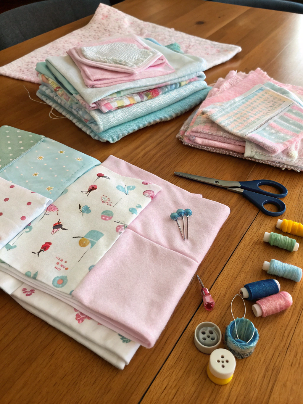A collection of baby clothes, scissors, thread, a sewing machine, and rotary cutter laid out on a crafting table, ready for a repurpose baby clothes quilt project.
