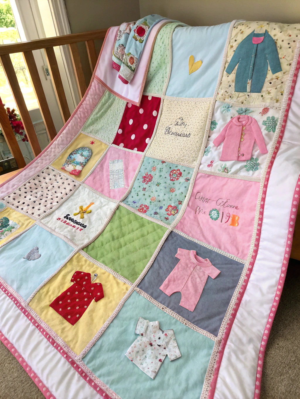 An overhead shot of neatly cut squares from various baby clothes, laid out in rows, ready for assembly into a repurpose baby clothes quilt. Step 1 is highlighted.