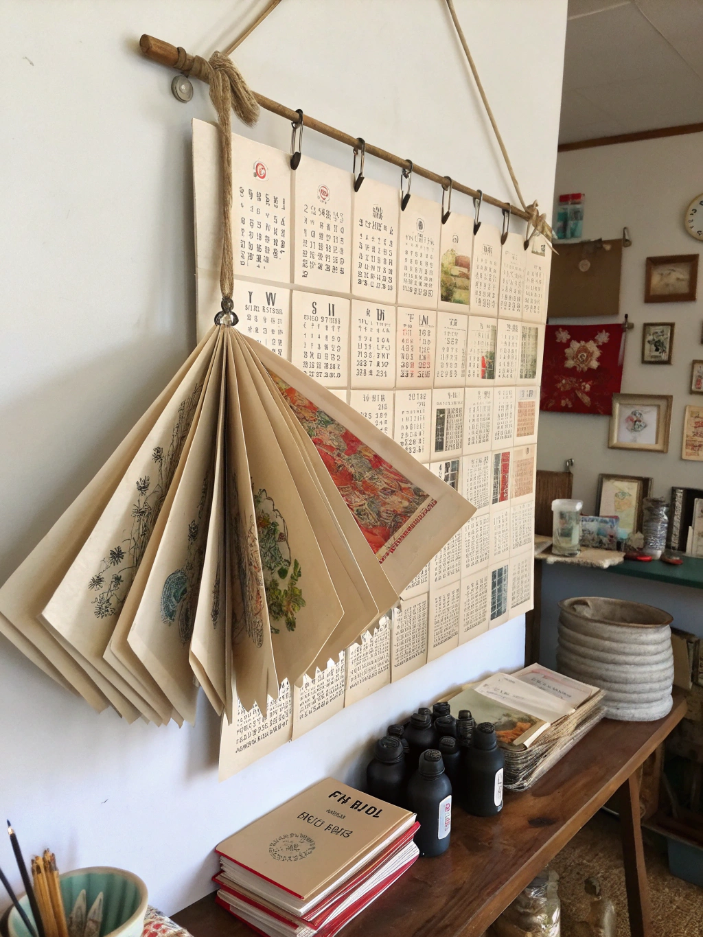 A collection of creatively repurposed old calendars showcasing various craft ideas.