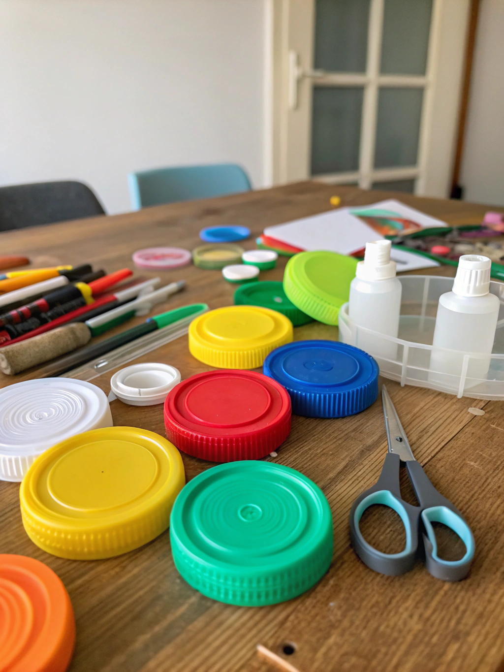 Repurpose Plastic Lids Crafts: 7 great you need to do 2 Essential tools and materials laid out for repurpose plastic lids crafts projects including scissors, glue, and lids.