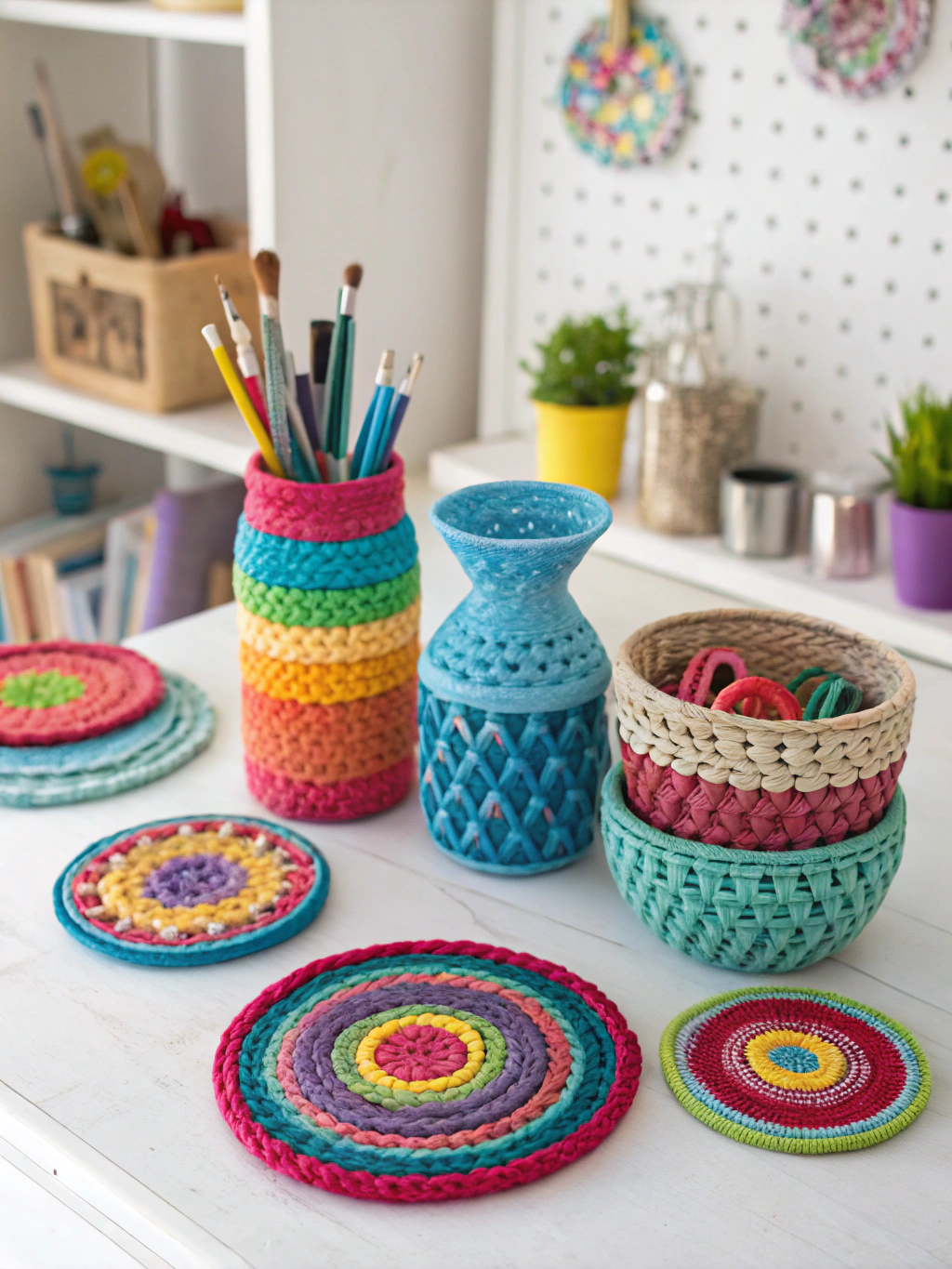 Repurpose Plastic Lids Crafts: 7 great you need to do 1 A vibrant collection of items made from repurpose plastic lids crafts, showcasing creativity.