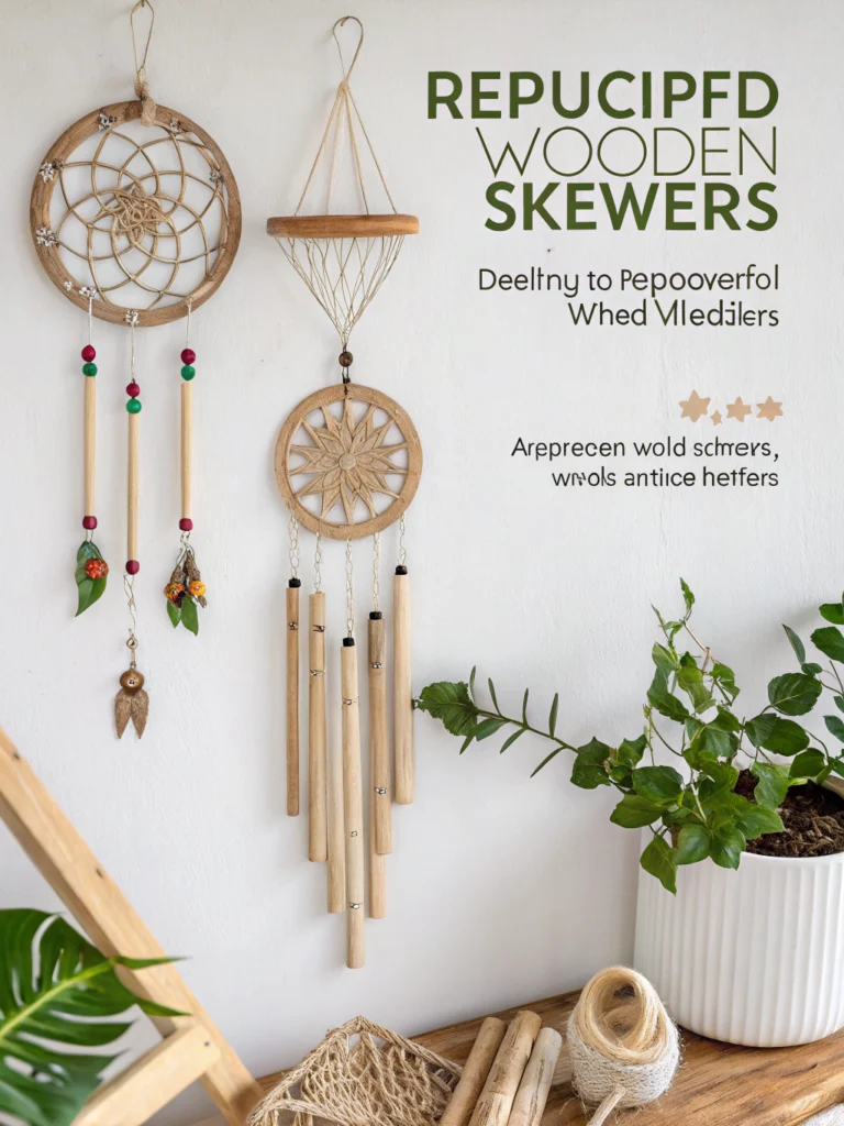 DIY crafts using wooden skewers arranged creatively on a table.
