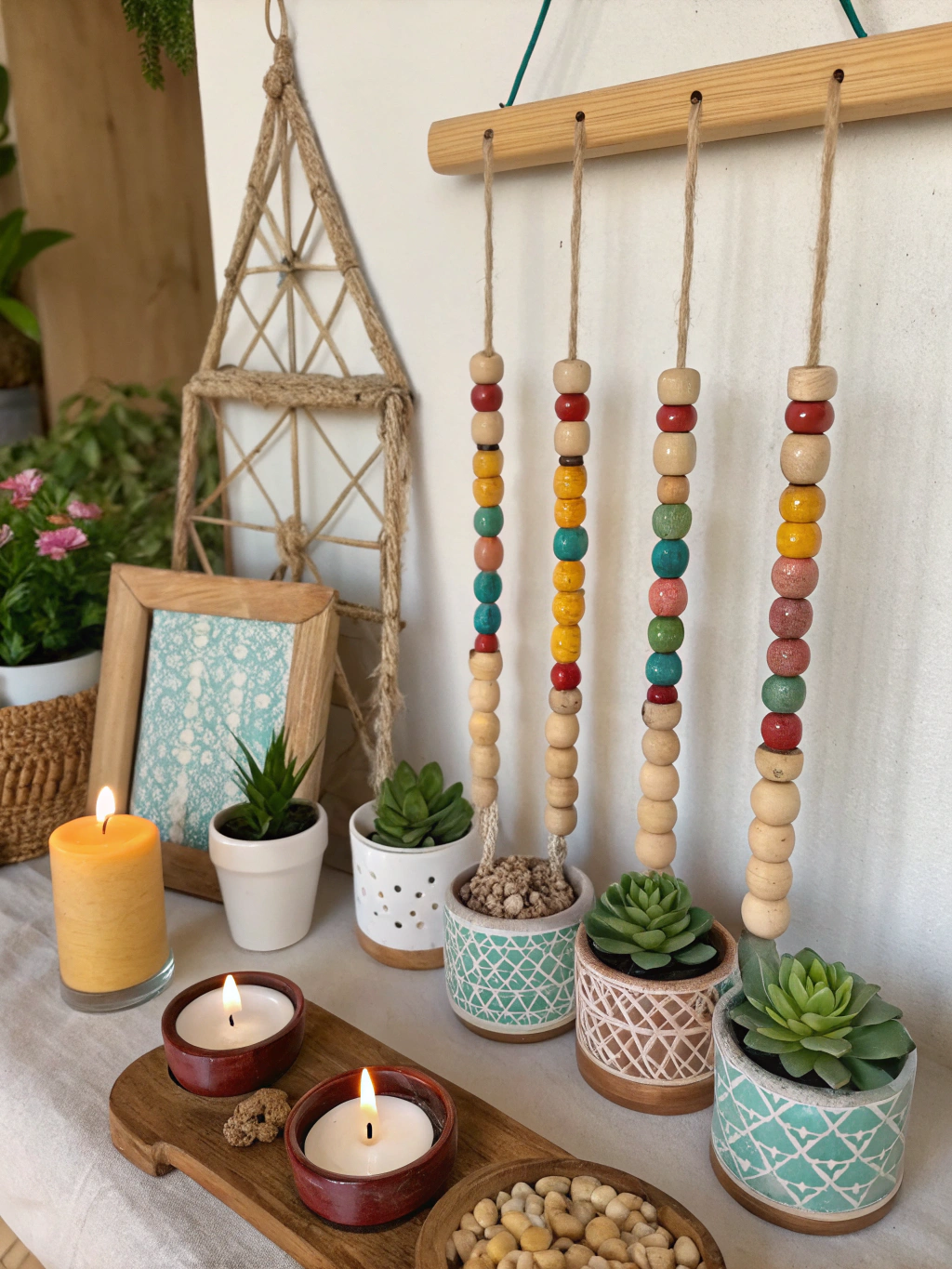 A beautifully crafted miniature wooden skewer trellis supporting a small potted plant, showcasing the final result.