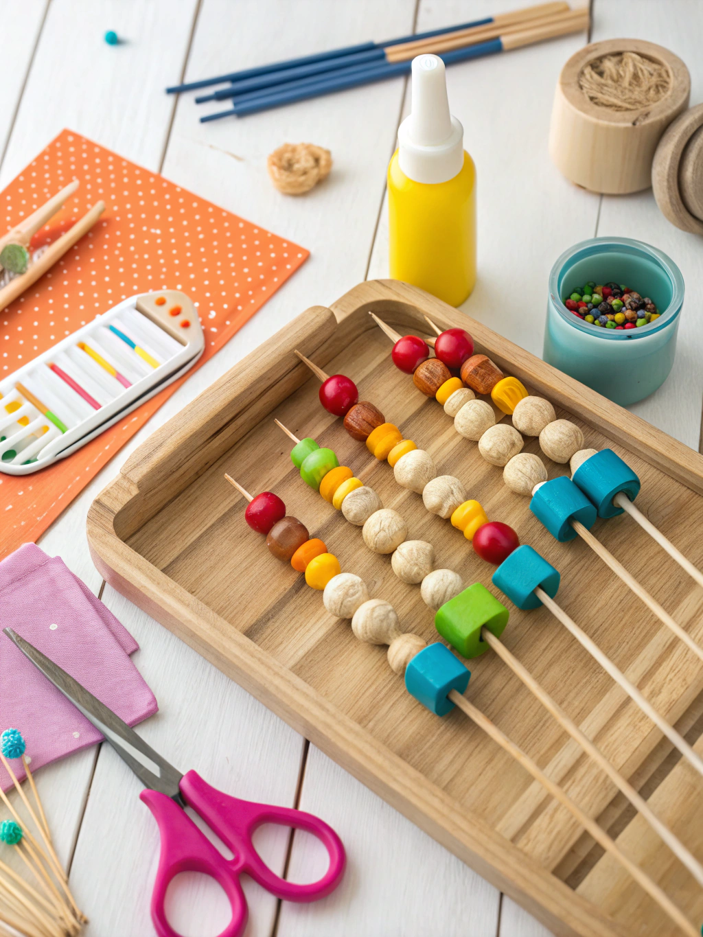 An array of common crafting tools and materials like wooden skewers, glue, scissors, paint, and brushes laid out on a workbench.