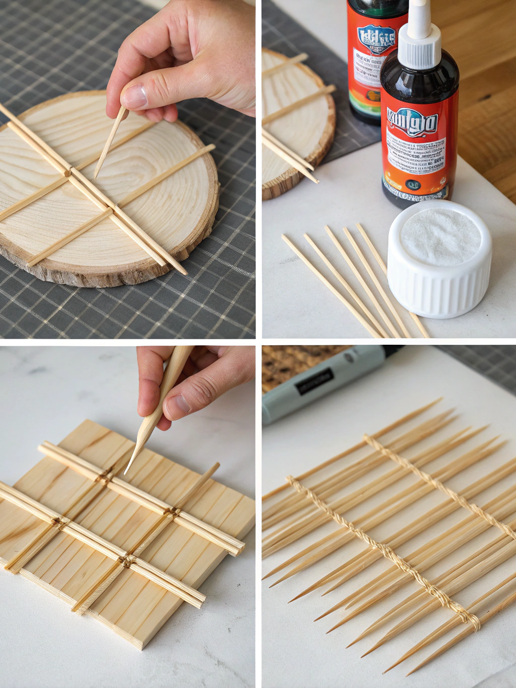 A close-up shot of hands carefully measuring and cutting wooden skewers for the DIY plant trellis project, demonstrating step 1 of repurpose wooden skewers crafts.