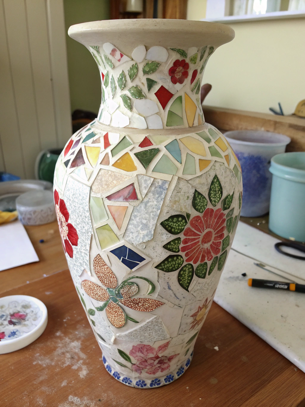 A collage showcasing various beautiful final results from upcycling broken china projects.