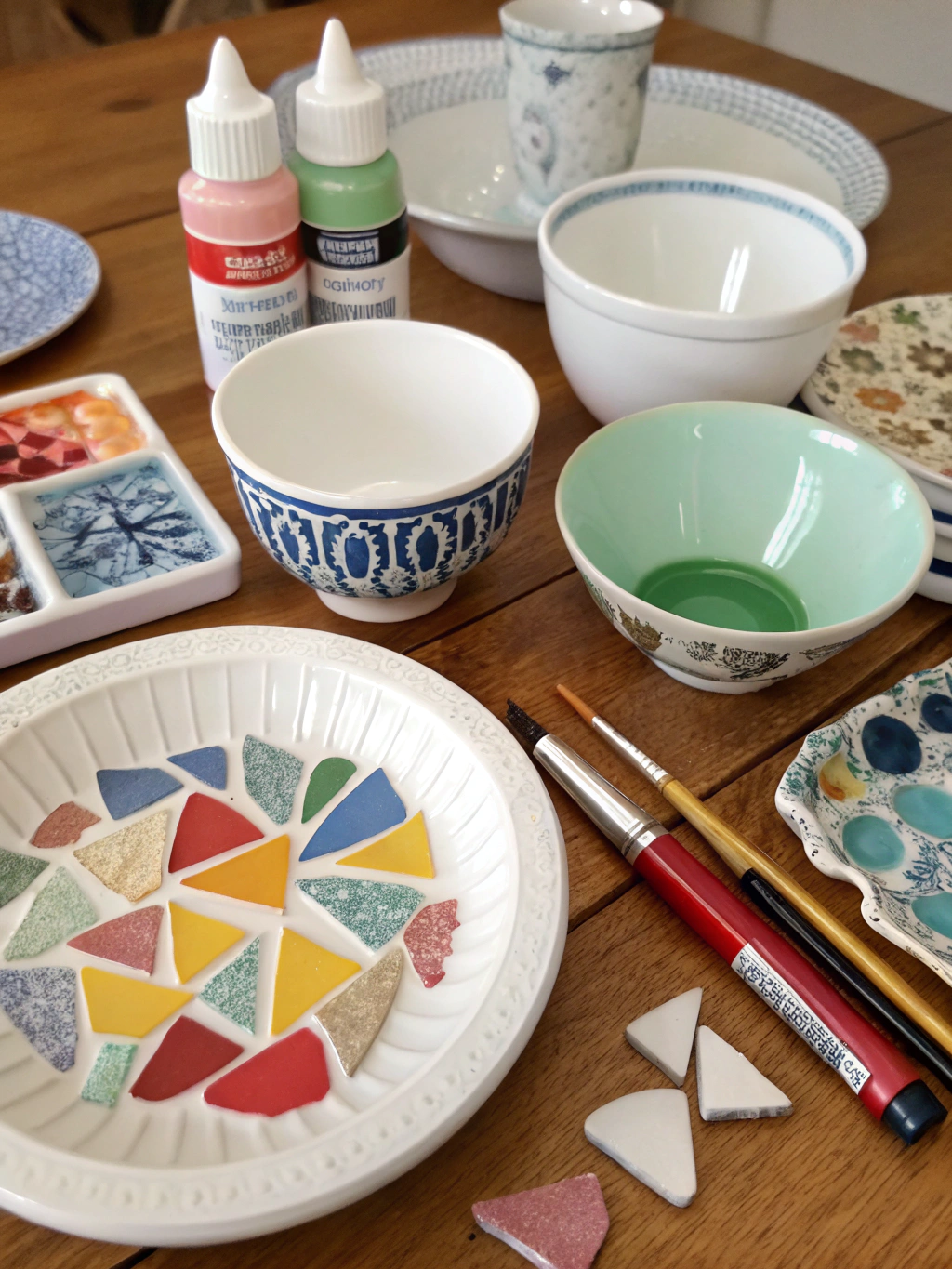 Essential tools and materials for upcycling broken china, neatly arranged.