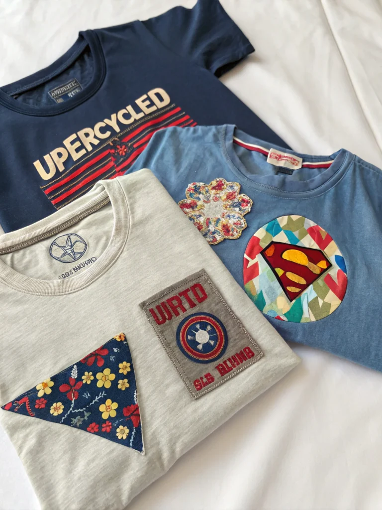 Upcycled T-shirts crafted into new designs, showcasing fun DIY no-sew upcycling projects.