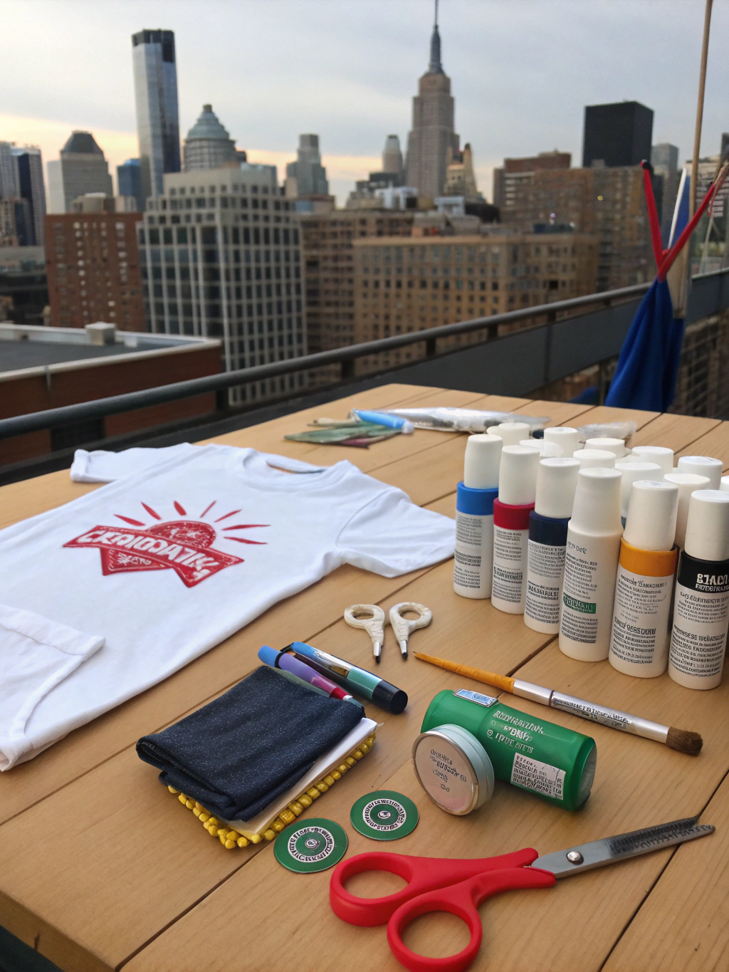 Assortment of DIY supplies for no-sew t-shirt projects like scissors, rulers, and marking pens on a wooden table.