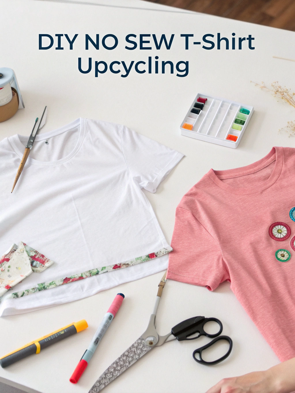 Step-by-step image showing a t-shirt being laid flat and prepared for cutting to upcycle t-shirts no sew.