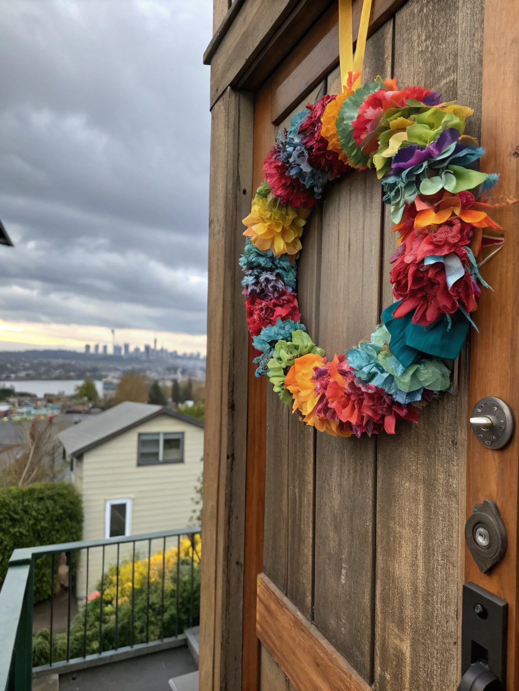 The final, stunning upcycled fabric scraps wreath, beautifully arranged and ready to display.