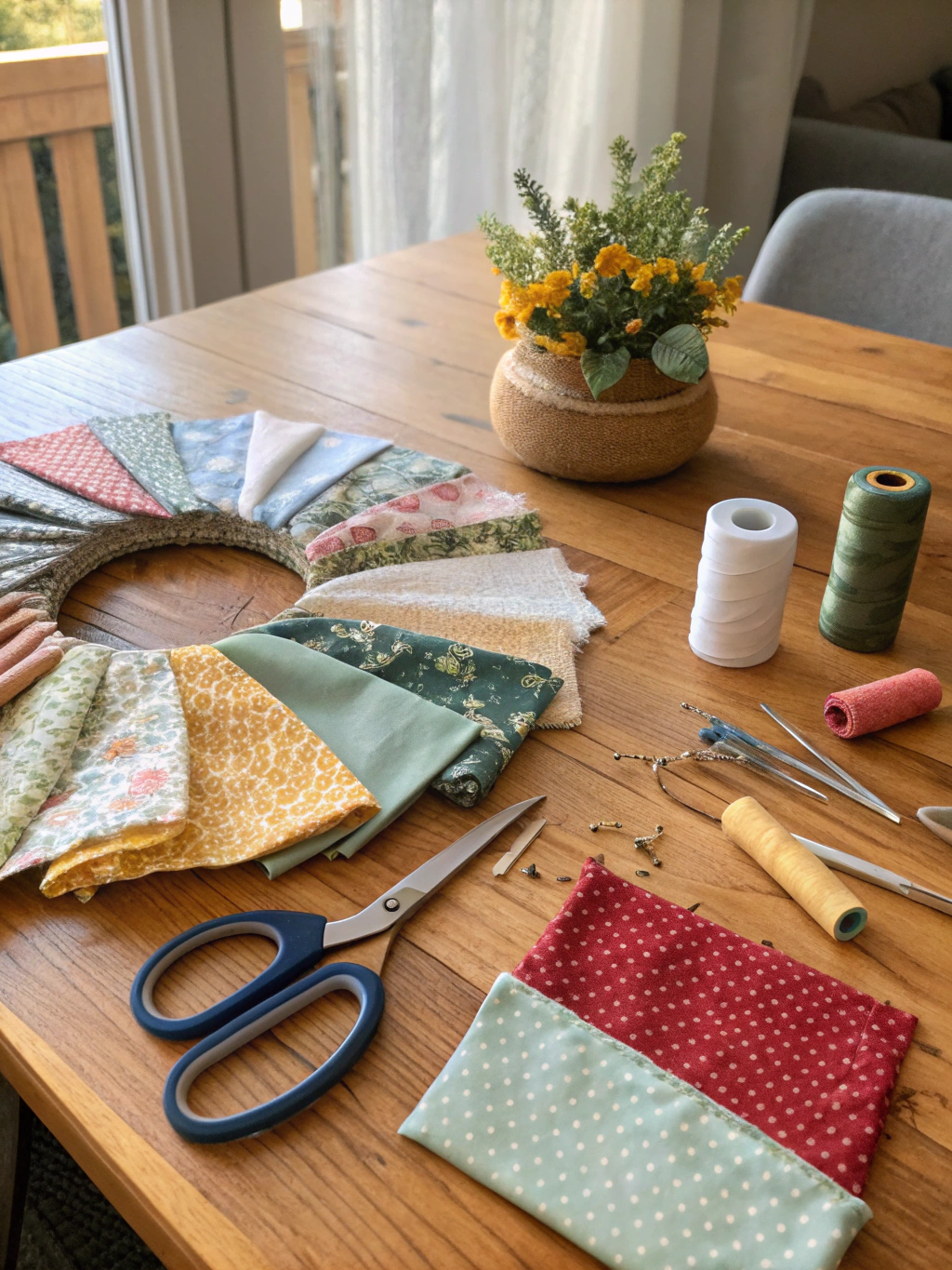 Supplies for making an upcycled fabric scraps wreath: fabric scraps, wreath form, scissors, rotary cutter, cutting mat, and optional glue gun.