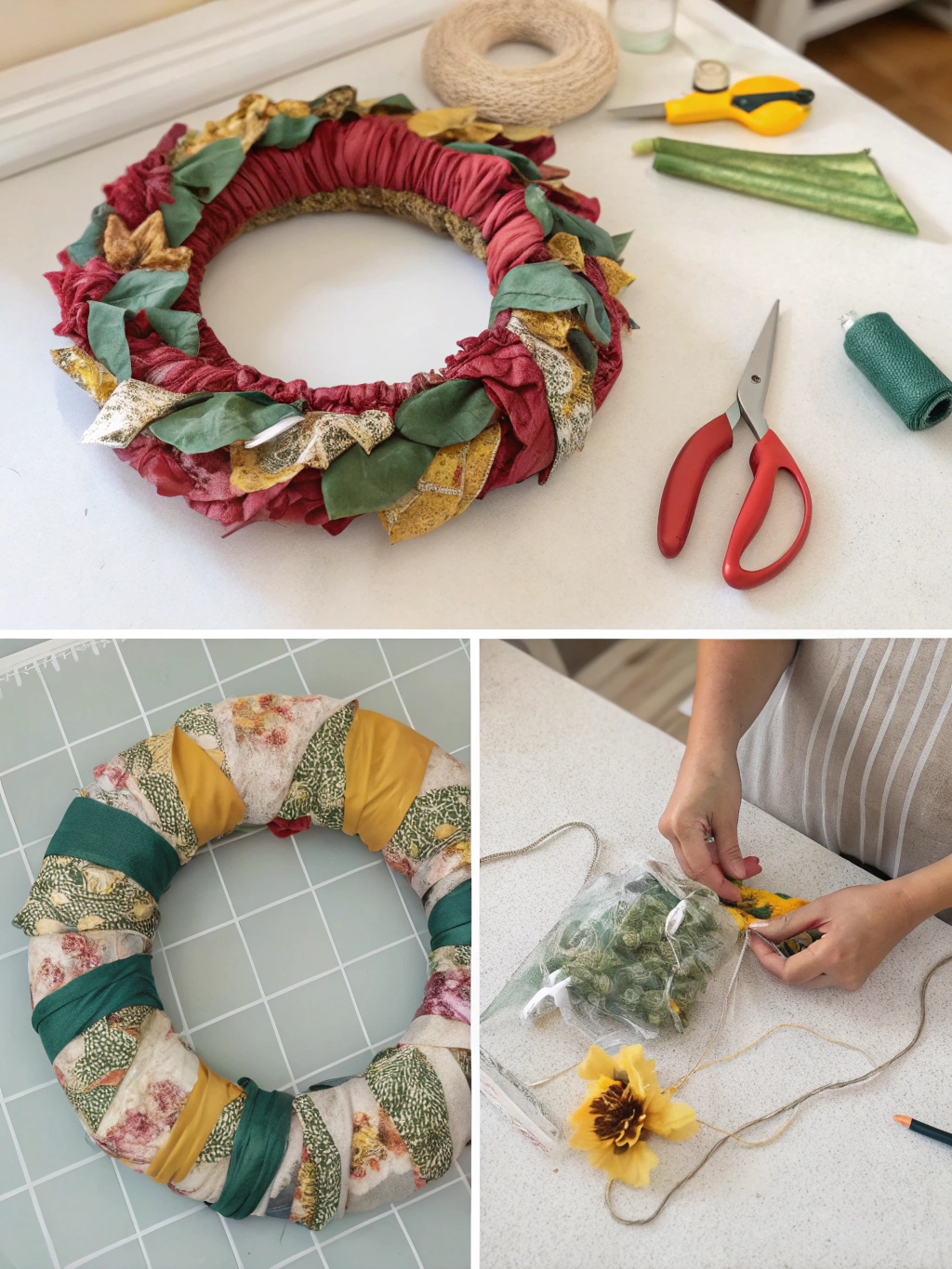 Step 1: Cutting various colorful fabric scraps into strips for the upcycled fabric scraps wreath.