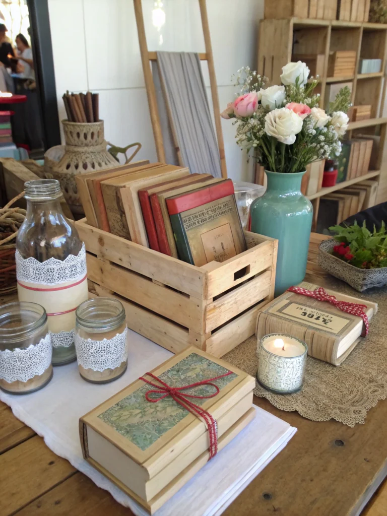 Handcrafted upcycled gifts creatively displayed on a table, perfect for eco-friendly gift ideas.