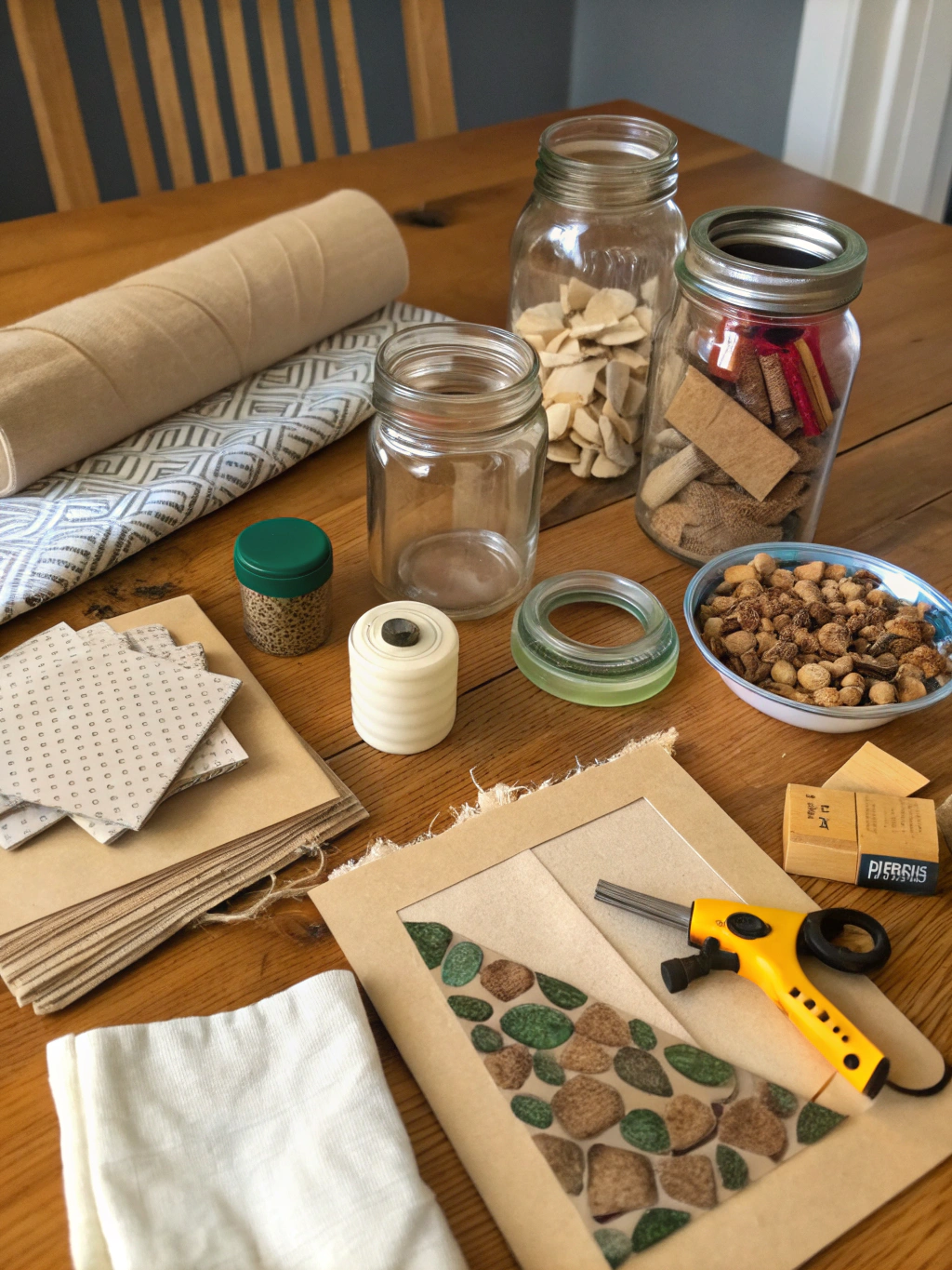 Assortment of basic crafting tools and potential upcycling materials like jars, fabric scraps, and tin cans.