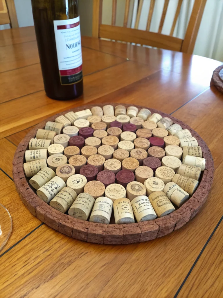 Crafted wine cork trivet on a kitchen table, enhancing home decor with a DIY touch.